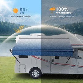 Heavy Duty RV Awning Fabric Replacement - 19.5oz Vinyl Camper Awning - Waterproof & UV-Resistant - Universal Canopy for Camper, Trailer and Motorhome (Sapphire Blue Fade, 14FT(Fabric 13'2"))