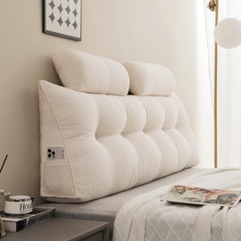 SRXBYWS Headboard Pillow Queen Size Backrest Pillow,Headboard Wedge Pillow with 2 Pack Neck Roll Pillow Large,Removable Cover,with Two Large Side Pockets,for Headboard Pillow, Teddy Velvet/Beige