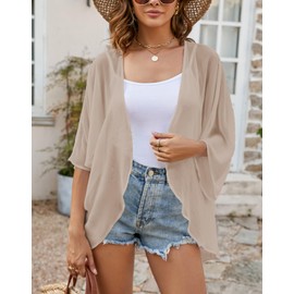 Solid Color Chiffon Kimono Jackets for Women Comfy Casual Loose Cardigan Blouse Tops Khaki XL