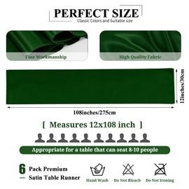 6 Pack Satin Table Runner 12x108 inch Forest Green Silk Table Runner Romantic Wedding Table Runners for Rectangle Round Tables Wedding Birthday Party Bridal Baby Shower Table Decoration