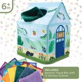 MindWare Sensory Sprouts Tissue Scarf - Montessori Toys for Babies 6-12 Months - Soft Greenhouse-Shaped Tissue Box and 12 Sensory Scarves Featuring Different Textures