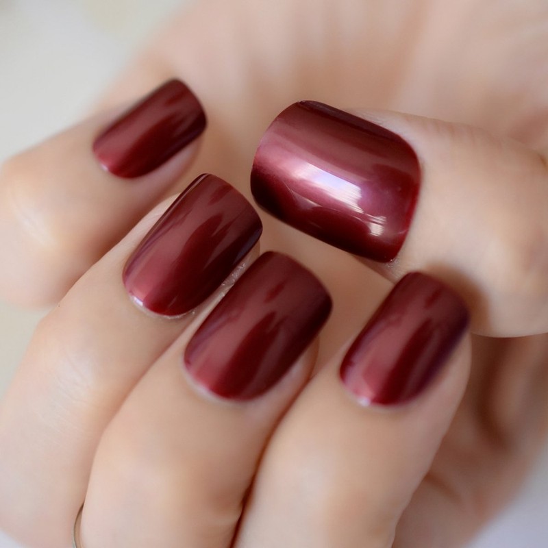CoolNail Red Wine False Nails Tips Solid Color Square Full