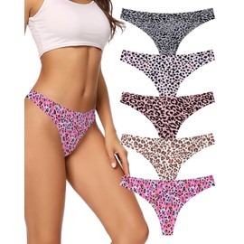 voenxe Seamless Thongs for Women No Show Thong Underwear Women 5-10 Pack (G-5 Pack Leopard Print, Small)