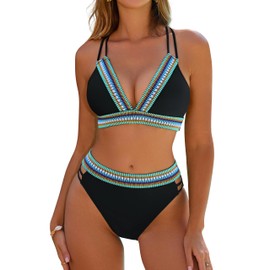 Blooming Jelly Womens High Waisted Bikini Sets V Neck 2 Piece Swimsuit Criss Cross Back Bathing Suit (Large, Black)