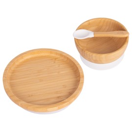 Tiny Dining Baby Dinner Set - Round - White - 3pc - Divided Non-Slip Bamboo Self-Feeding Baby Weaning Plate, Bowl & Spoon for Babies, Toddlers, Children