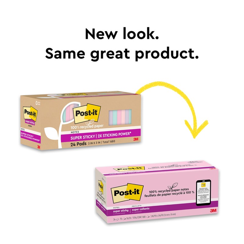 Post-it 100% Recycled Paper Super Sticky Notes, 3 in. x