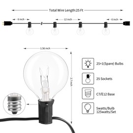 G40 Outdoor Patio String Lights Globe Christmas Lights 25FT with 27 Clear Bulbs(2 Spare), UL Listed Backyard Lights for Indoor Outside Christmas Decorations, 25 Sockets, E12 Base, 5W Bulb, Black