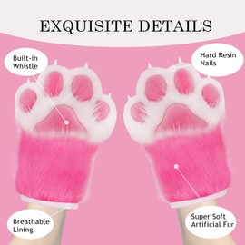 ZFKJERS Cosplay Animal Extended Fluffy Plastic Claws for Cats Fursuit Paw Gloves Adult Costume Accessory Set, Rose Red