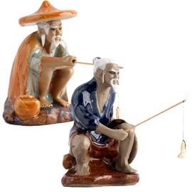 FOMIYES 2PCS Mini Fisherman Figurines Ceramics Bonsai Ornaments, Chinese Oldman Sitting Fishing Garden Statue for Fish Tank Micro Landscape Bonsai Decorations
