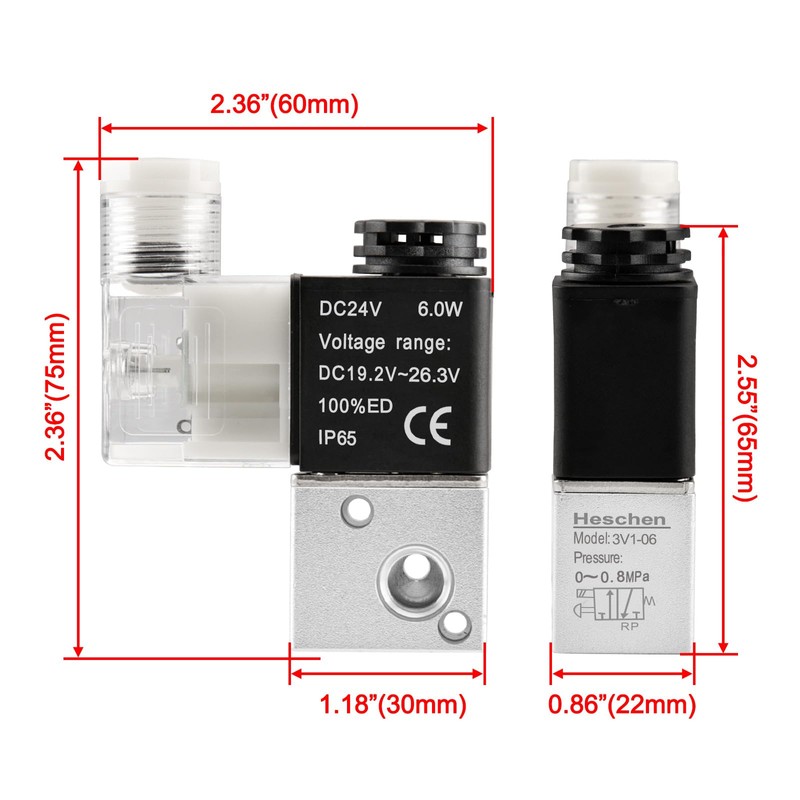 Heschen Electrical Pneumatic Solenoid Valve, 3V1-06, 24VDC Coil, PT1/8'' Port,
