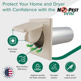 NO-PEST VENT, Exclusive Dual Door Dryer Vent Cover Outdoor 4 inch, Made in USA w Highest UV Resistant Plastic in any Outdoor Vent Cover (Tan, 4 inch With 12" Duct Tube)