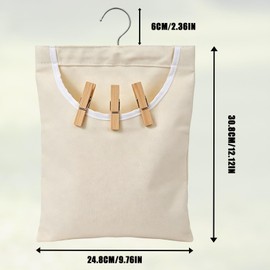 Laundry Clothespin Bag, 12.5 x 10.5 Inch Large Canvas Hanging Storage Organizer Clothes Pin Hanging Bag with Metal Hook, Durable Clothes Pin Holder for Clothesline with Extra Wide Opening, White