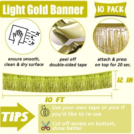 10 Pack 10 Feet Foil Fringe Garland Metallic Tinsel Banner Wall Hanging Curtain Streamers Backdrop for Parade Floats Bachelorette Wedding Birthday Party Thanksgiving Christmas Decorations(Light Gold)