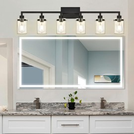 VINLUZ Classic Bathroom Lighting Fixtures 6-Lights in Matte Black Finish,Farmhouse Metal Vanity Lights Over Mirror with Clear Glass Shade Interior Wall Sconces