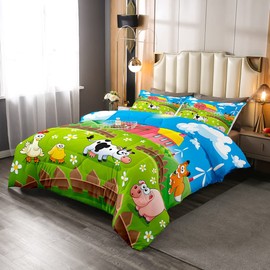 Cartoon Animals Bedding Set Happy Farm Comforter Set for Kids Boys Girls Chicken Duck Milk Cow Pig Comforter Farmhouse Rustic Color Decor Quilt Set Bedroom Collection 2Pcs Twin Size