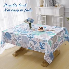 ASPMIZ Sea Shell Tablecloth Rectangular 60" x 84", Waterproof Stainproof Spillproof Table Cloths, Washable Polyester Ocean Starfish Table Cloth Wrinkle-Free Table Cover for Dining/Party, Blue White