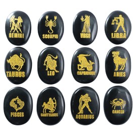 Crocon black agate Zodiac or horoscope symbols engraved stones with name (set of 12) for reiki healing gemstone love crystals sun sign gift