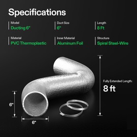 VIVOSUN 6 Inch Flex Air Aluminum Ducting for HVAC Ventilation with 2 Stainless Steel Clamps, 8 Feet Long Multi-Layer Dryer Hose Vent Kit for Duct Fan Systems