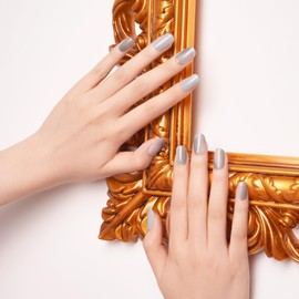 DANNI & TONI Semi Cured Gel Nail Strips Gray (Golden Horizon) Ombre Gel Nail Stickers Shimmer Nail Wraps 28 Stickers