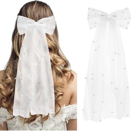 2PCS White Bridal Pearl Hair Bow Veil, Large Hair Bow with Barrette Hair Clip, Wedding Veil, for Bridal Bridesmaid Hair Accessories, Bachelorette Party Decorations Present (White, One size)