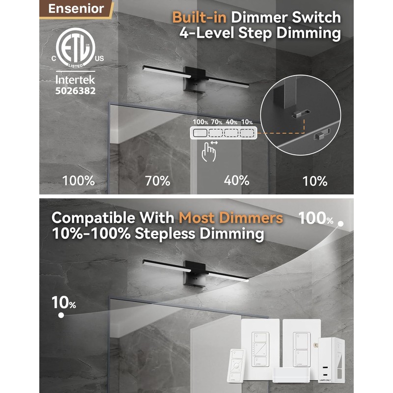 Ensenior Modern Bathroom Vanity Light 24 inch, Built-in Dimmer, 14W