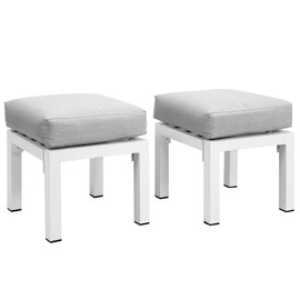 Solaste Outdoor Patio Ottomans Set of 2, Aluminum Outdoor Foot Stools with Cushions, Small Seat Furniture for Balcony, Backyard, Porch, Lawn,Light Grey