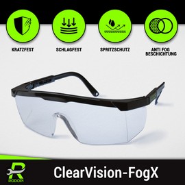 RODOPI ClearVision-FogX Safety Goggles Adjustable Safety Glasses Anti Fog EN 166 1F Work Safety Glasses Side Protection Overglasses Work Laboratory Construction Site (1 Glasses)