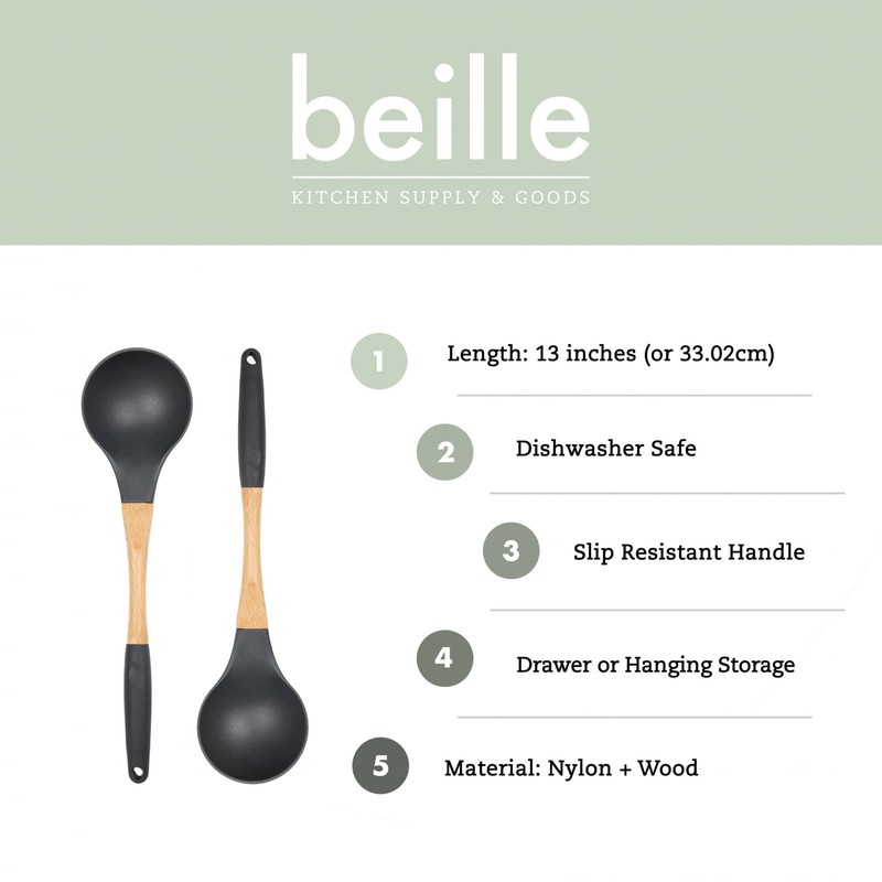Beille Grey Nylon Ladle with Soft Grip Ergonomic Wooden Handle