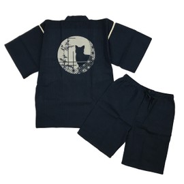 Edo-Ten Jinbei Shijira Weave, Cool Summer, 100% Cotton, Discharge Cat Pattern, Original Kimono, Summer Clothing, Men's, Size M - 5L, Cat navy blue with round window