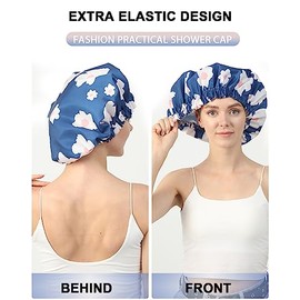 Gorro Ducha Gorros Mujer Reutilizables Impermeables Dos Capas Grandes Aptos Todo Tipo Cabello Liso Rizado Largo Trenzas Flores Azules