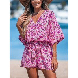 CUPSHE Women's Summer Romper Abstract Print V Neck 3/4 Sleeve Loose Drawstring Mini Jumpsuit Wide Leg Outfit Fuchsia, XL