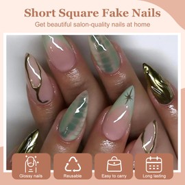 Viugex 30Pcs Light Green Press on Nails Almond Medium, French Stiletto False Nails with Star Line Design, Glossy Acrylic Full Cover Fake Nail Set, Natural Removable Stick on Nails for Women and Girls