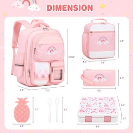 6pcs Girls Backpack with Bento Lunch Box Set, Kids Backpack for School with Lunch Box Lunch Bag Pencil Case Ice Box, Cute Kawaii Backpack Set, Bookbag for Elementary Middle High School