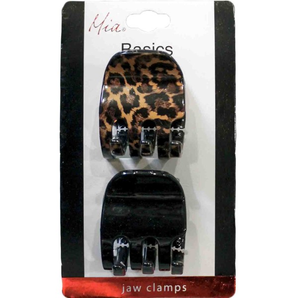 Mia Basic Plastic Jaw Clamps-1 With Leopard Print And 1 Solid Black Color-Small Size Measures 1.5" Long x 1.25" Wide x 1" Deep (2 pieces per card)