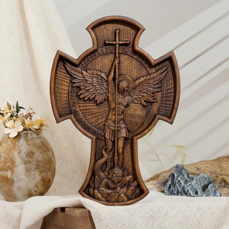 BGCOPPER Archangel Saint Michael Cross Wooden Cross Wall Decor -