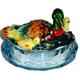 Welforth Jeweled Enamel Duck & Ducklings on Pond Blue Crystal Treasure Trinket Box