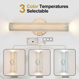 Hardwired Vintage Wall Sconce Set of Two, 3CCT Dimmable White Sweeping Gold Metal Sconces with Stainless Mesh Cylinder Shade Up and Down,Wall Lamp for Bedroom Hallway Study Office Living Room.