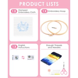 TINDTOP Embroidery Kit for Beginners Adult, Owl Embroidery Kit for Beginners Include Embroidery Cloth Hoops Threads for Craft Lover Hand Stitch with Embroidery Skill Techniques