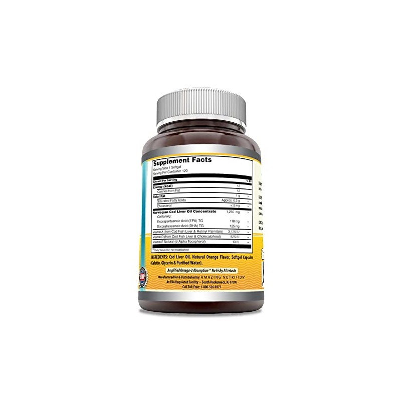 Amazing Omega Norwegian Cod Liver Oil 1250 mg 120 Softgels