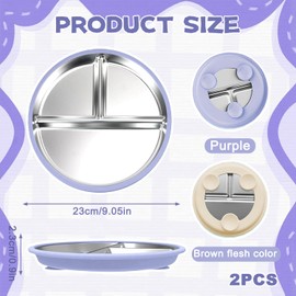 Non-Slip Stainless Steel Children's Plate, 2 Stainless Steel Baby Suction Cup Plates, Split Toddler Plate for Babies, Non-Slip Baby Plate with Three Compartments, Stainless Toddler Plate, BPA-Free