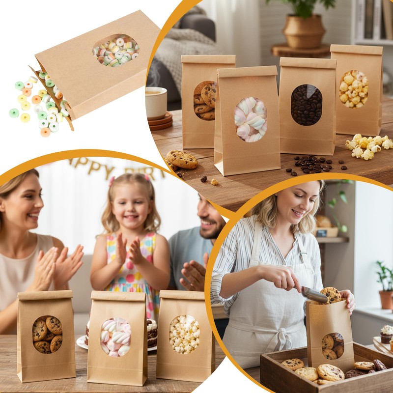 Bakery Bags with Window, 100Pcs, 5.1x2.75x9.6 in, Kraft Paper, Reusable