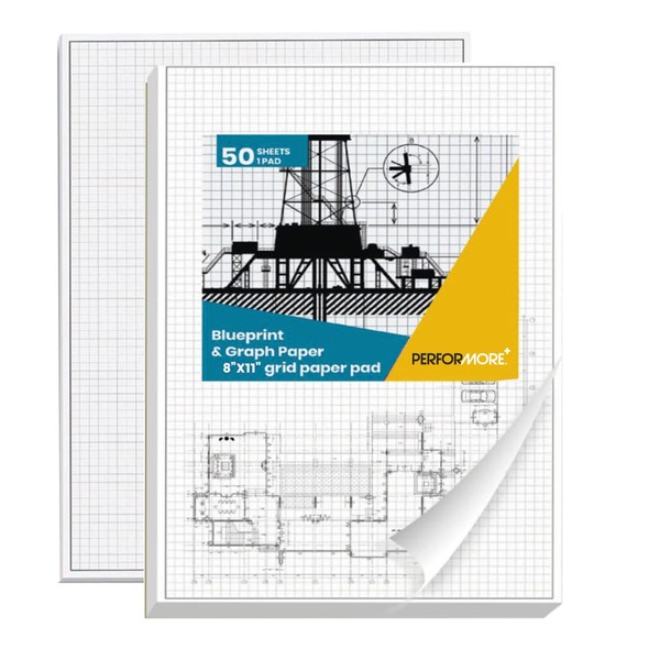 2 Pack of Grid Paper Pads, 50 Sheets per Pad 8.5" x 11" Letter Size Graph Paper Glue Top Binding Double Sided 4x4 Quadrille White Paper for Engineering Or Technical Drawings, Blueprint, Drafting