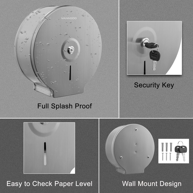Commercial Jumbo Toilet Paper Dispenser, Wall Mount Stainless Steel 9