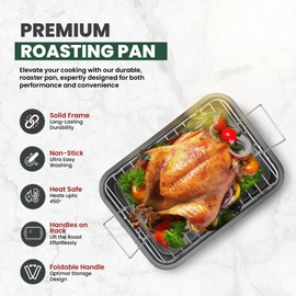 Large Roasting Pan With Rack 12” X 16” - Non Stick Large Roaster Pan and Flat Rack With Foldable Handles - Roasting Pans for Ovens to Elevate Food for Even Heating - Dishwasher Safe Turkey Roast Pot