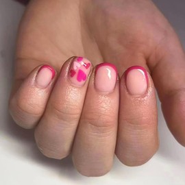 Valentines Press on Nails Short Square French Tip Fake Nails Pink Full Cover Rose Pink Heart False Nails with Designs Glossy Glue on Nails Acrylic Nails Manicure Artificial Nails for Women Girls 24Pcs