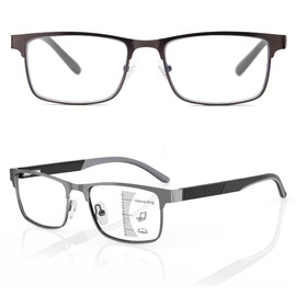 [JO] 老眼鏡 累進多焦点 度数調整付き メガネ 遠近両用 老眼鏡 ブルーライトカット UVカット メンズ おしゃれ 高級眼鏡 超軽 快適 ボックス はんわく HD リーディンググラス メタルフレーム眼鏡 グレー 1.5