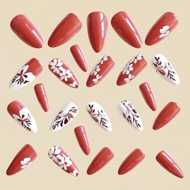 Almond Press on Nails Medium Fake Nails Fall False Nails with Flower Designs Winter Nail Press ons Sparkly Artificial Nails for Women 24Pcs