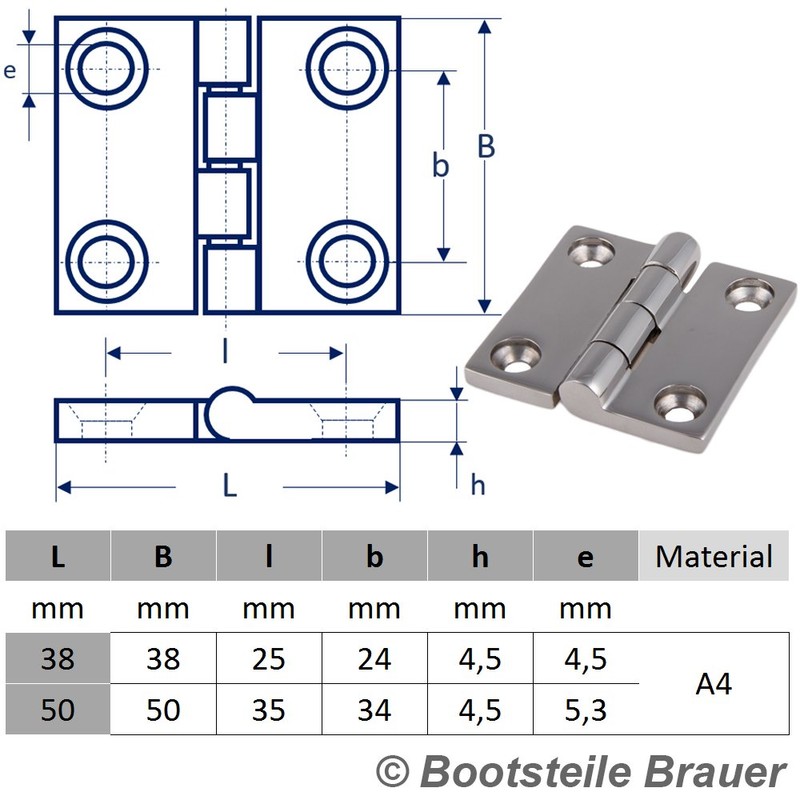 2 Stainless Steel Hinges Square Symmetrical 50 x 50 mm