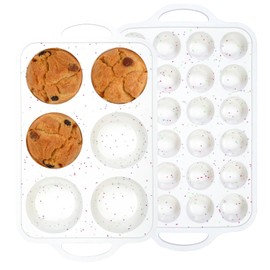 Silicone Muffin Pan with Metal Reinforced Frame - Mini Muffin Pan for Homemade Muffins, Cupcakes, and Bread, Oven and Dishwasher Safe - Set of 2, 6-Cup and 24-Cup
