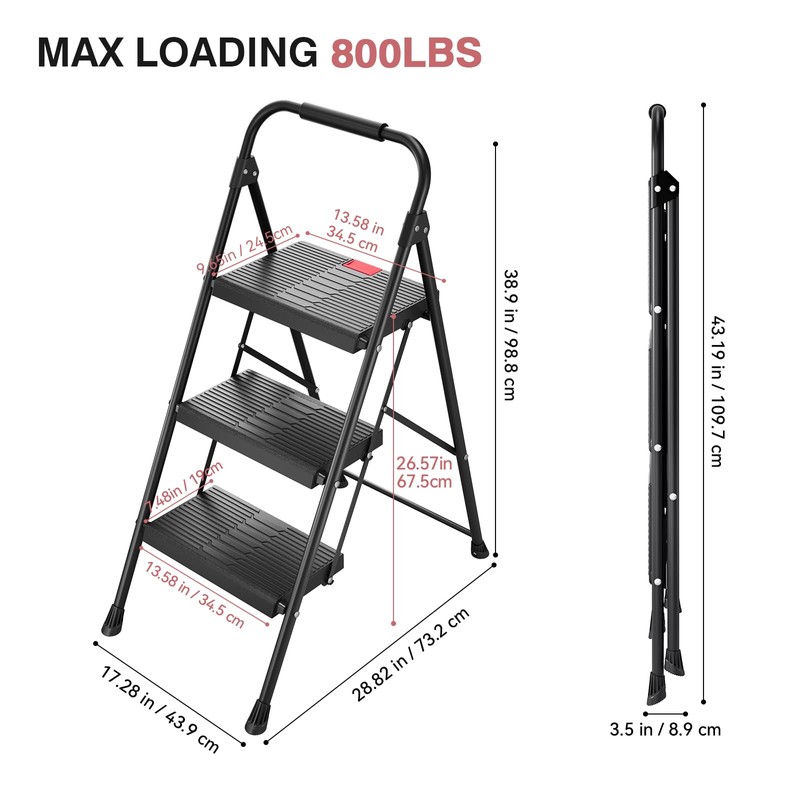 TOOLF 3 Step Ladder, Folding Step Stool with Anti-Slip Wide